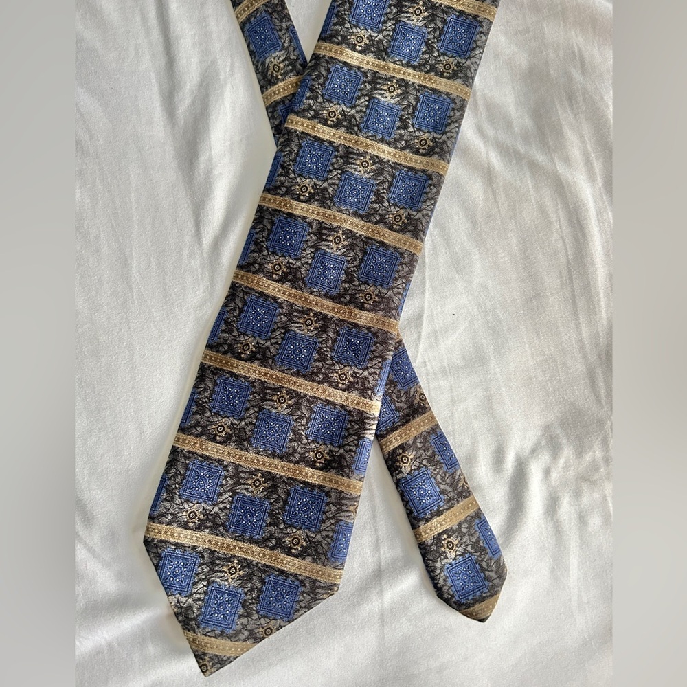 OSCAR DE LA RENTA 100%‎ Silk Tie Geometric Stripe Blue Grey Gold
